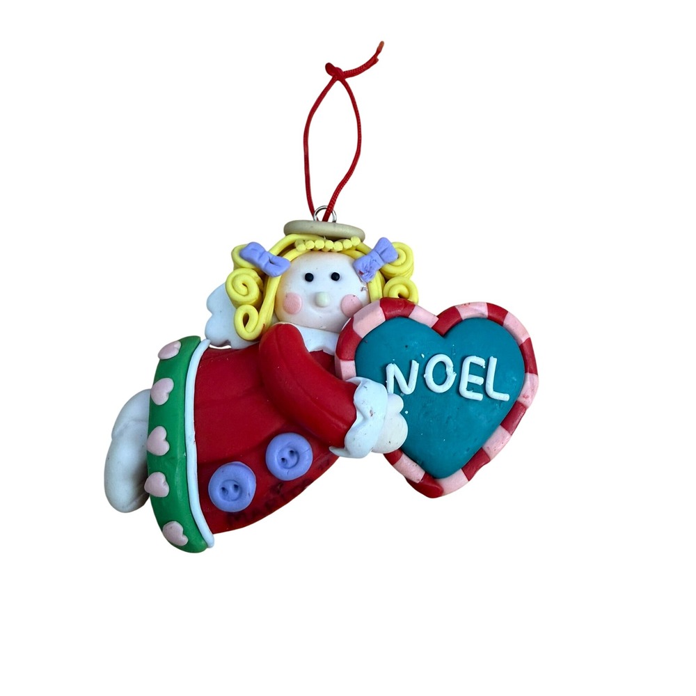 Handmade Polymer Clay Angel Noel Heart Christmas Ornament Whimsical Folk Art
